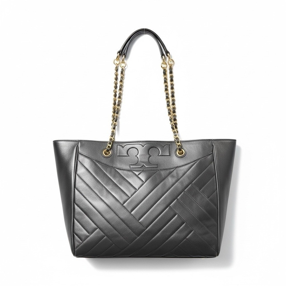 Tory Burch Alexa Quilted Leather Tote Bag Purse Black with Gold-Tone Hardware